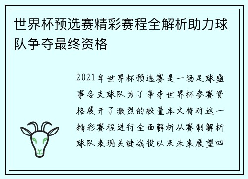 世界杯预选赛精彩赛程全解析助力球队争夺最终资格