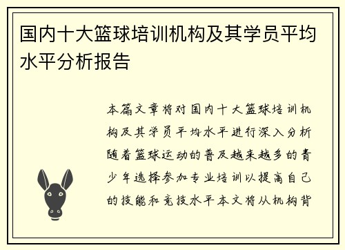 国内十大篮球培训机构及其学员平均水平分析报告