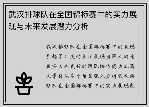武汉排球队在全国锦标赛中的实力展现与未来发展潜力分析